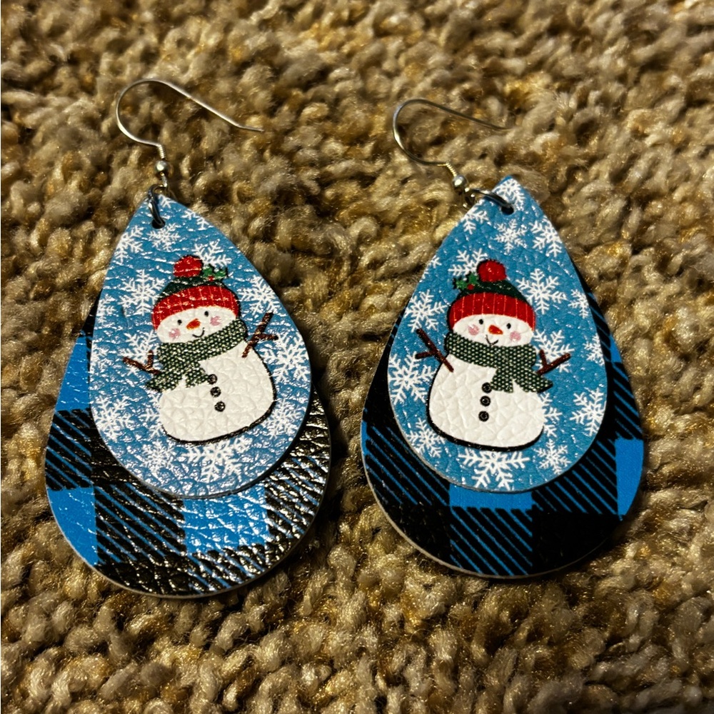 Snowman Teardrop Earrings - Blue and Black